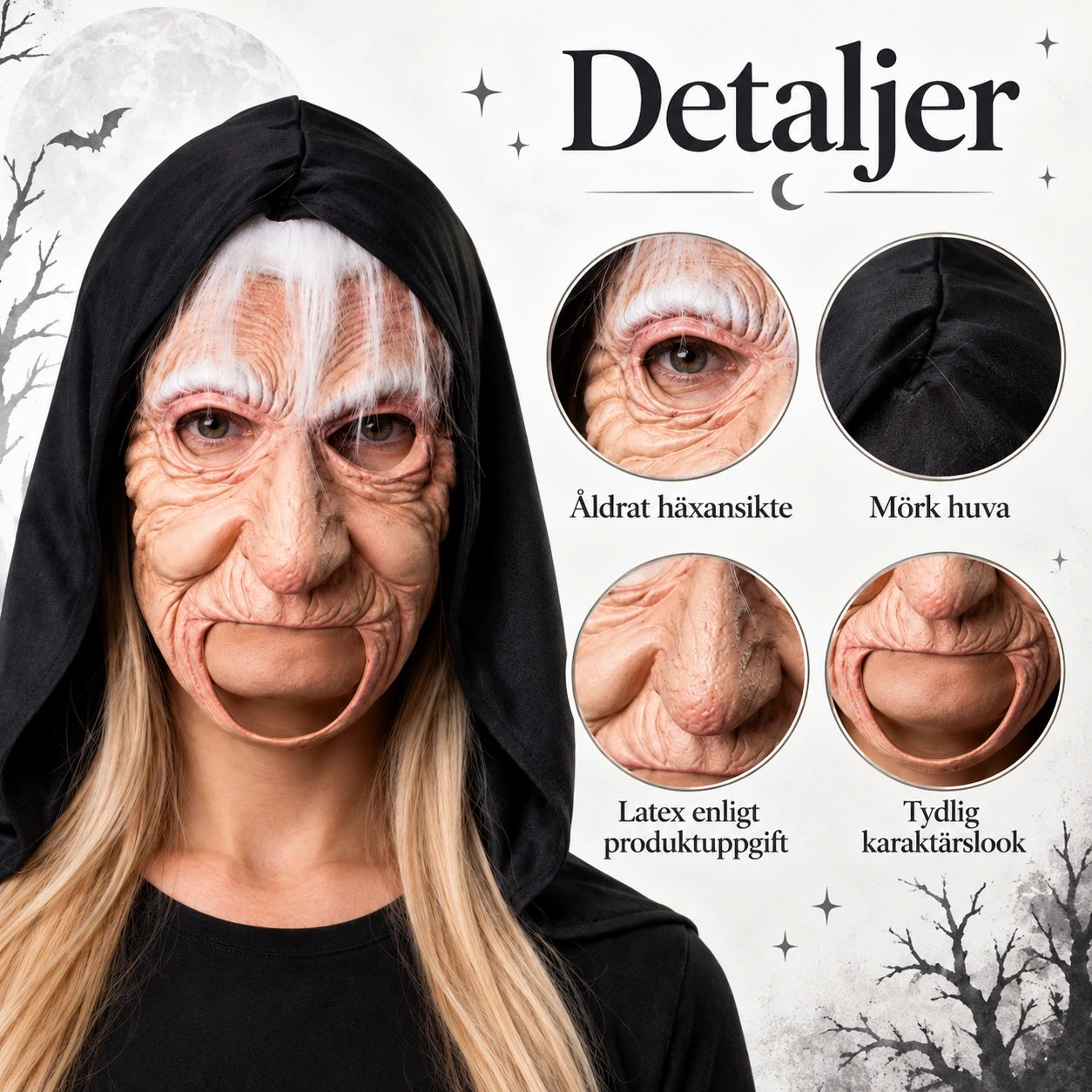 Heksemaske i lateks med hette
