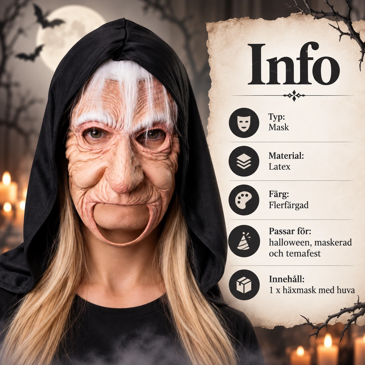 Heksemaske i lateks med hette