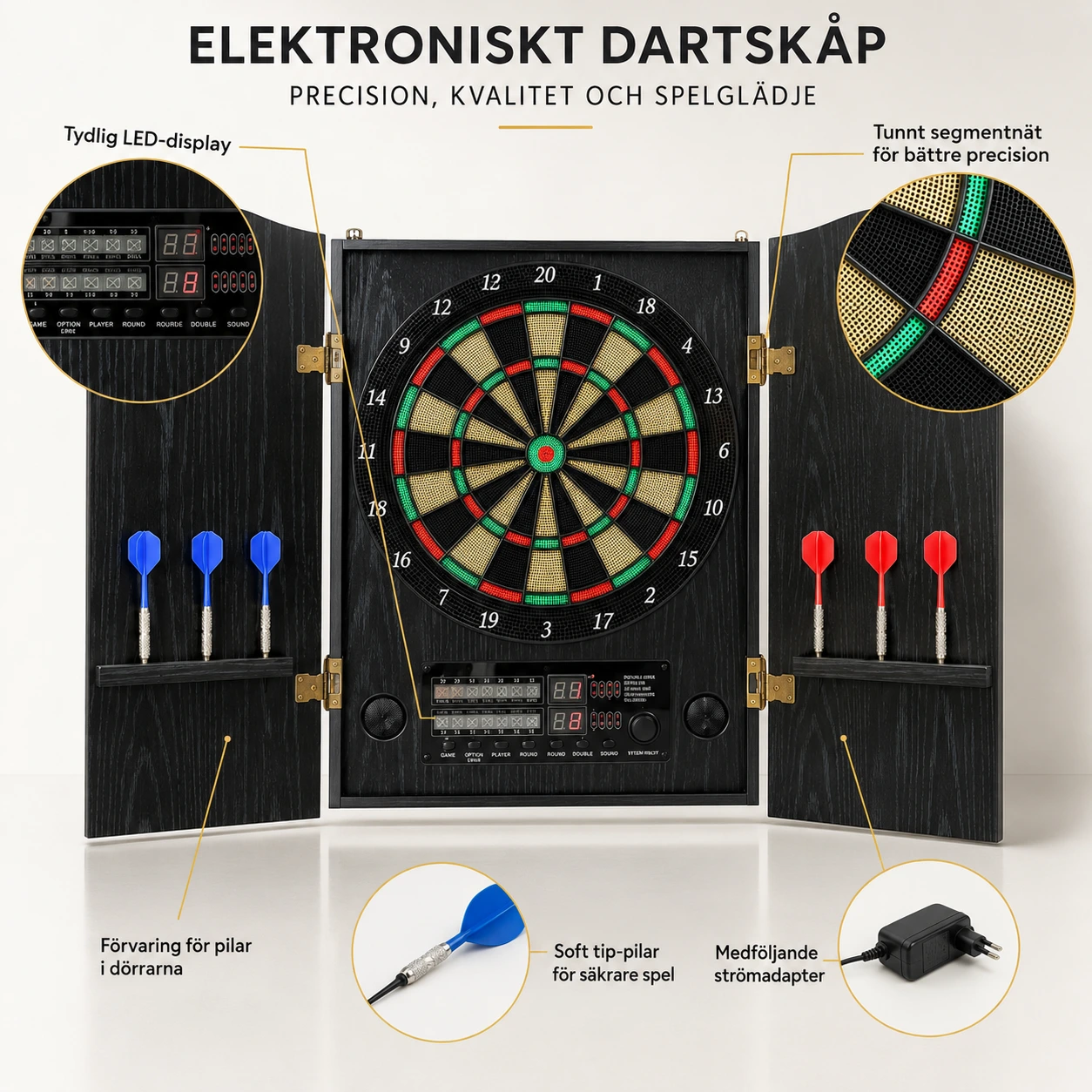 Elektronisk darttavla med skåp för vägg och 25 spel