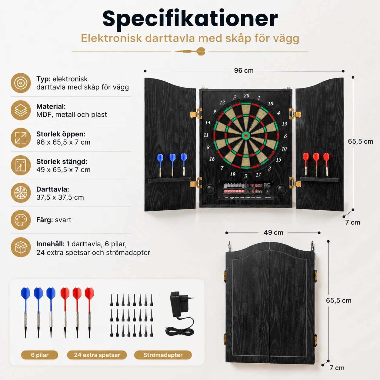 Elektronisk darttavla med skåp för vägg och 25 spel