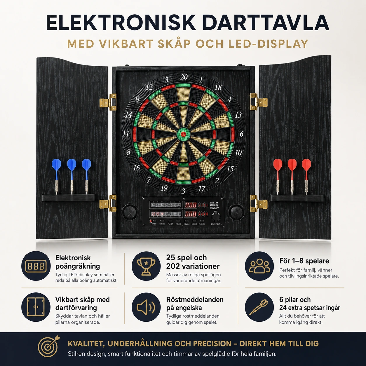Elektronisk darttavla med skåp för vägg och 25 spel