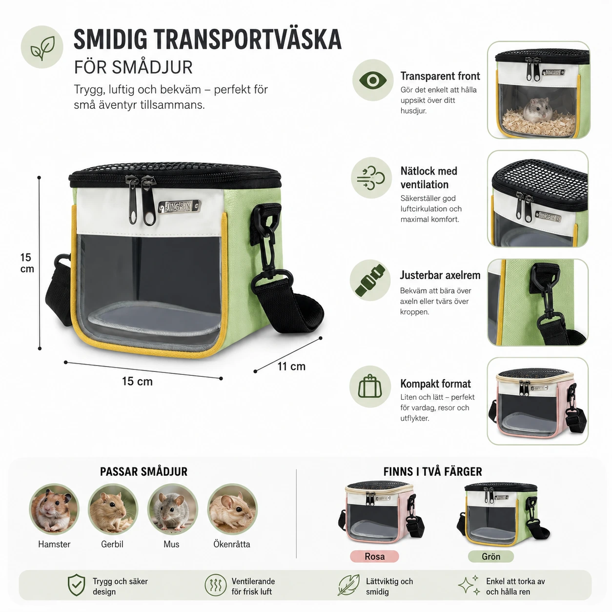 Transportväska för smådjur med nätlock och fönster
