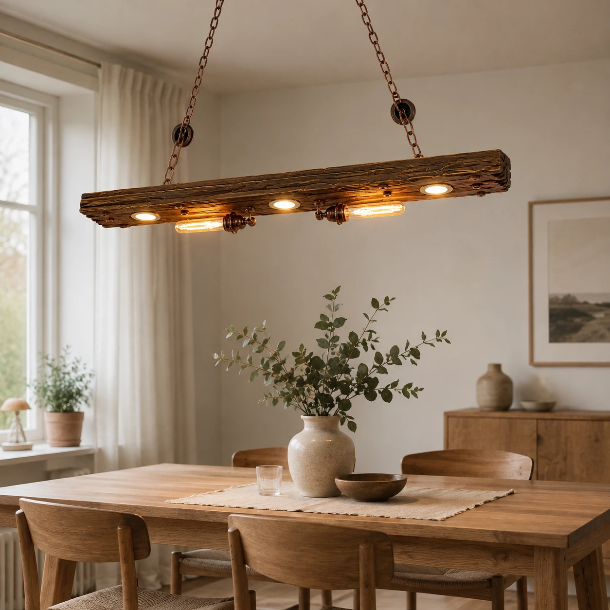 Rustik taklampa i trä för matbord med justerbar höjd