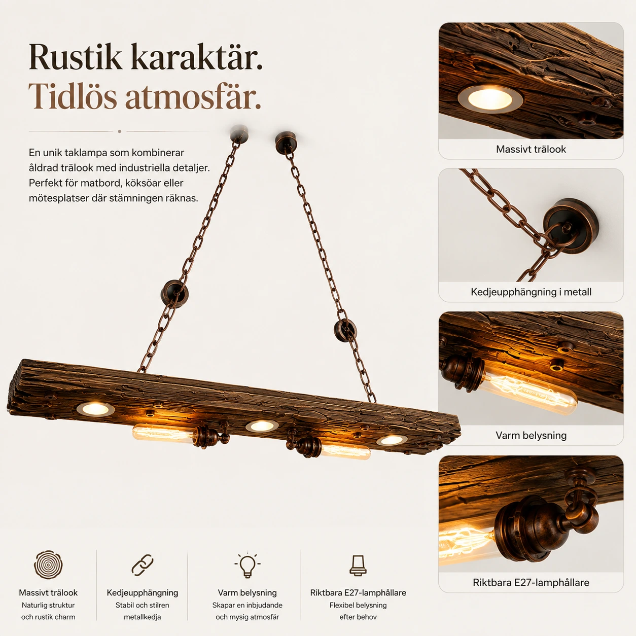 Rustik taklampa i trä för matbord med justerbar höjd