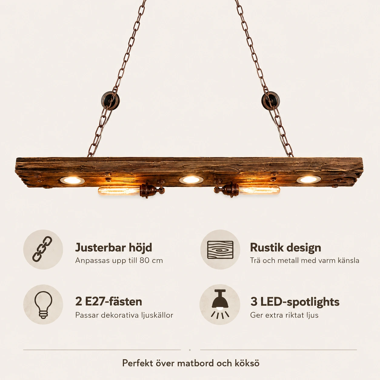 Rustik taklampa i trä för matbord med justerbar höjd