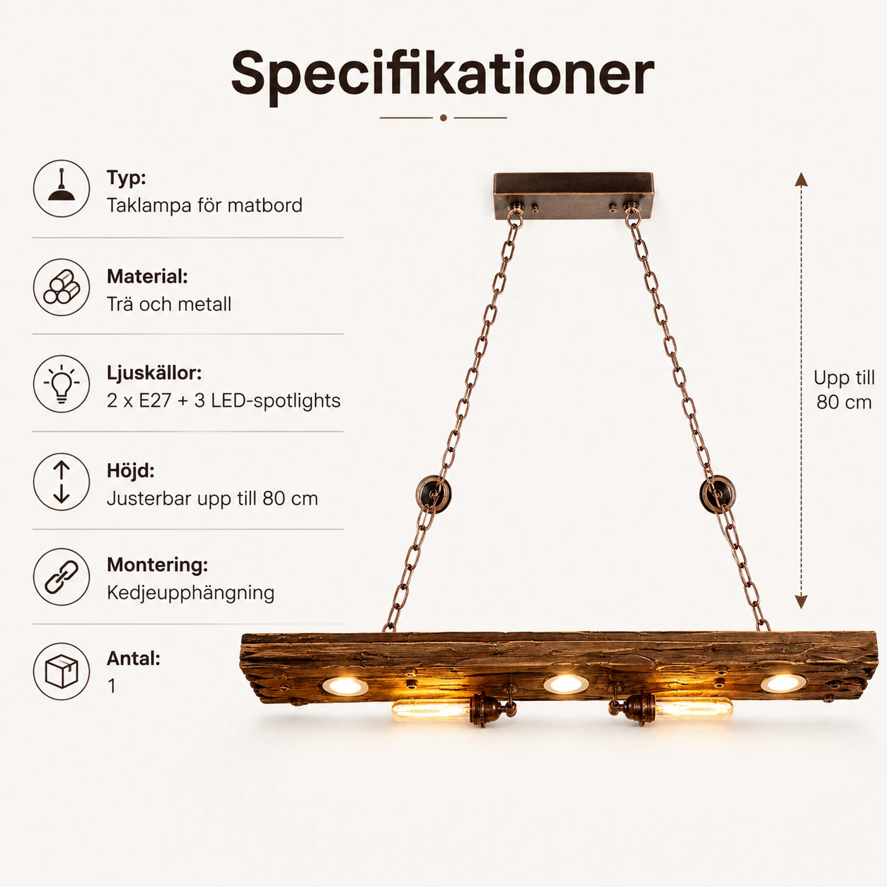 Rustik taklampa i trä för matbord med justerbar höjd