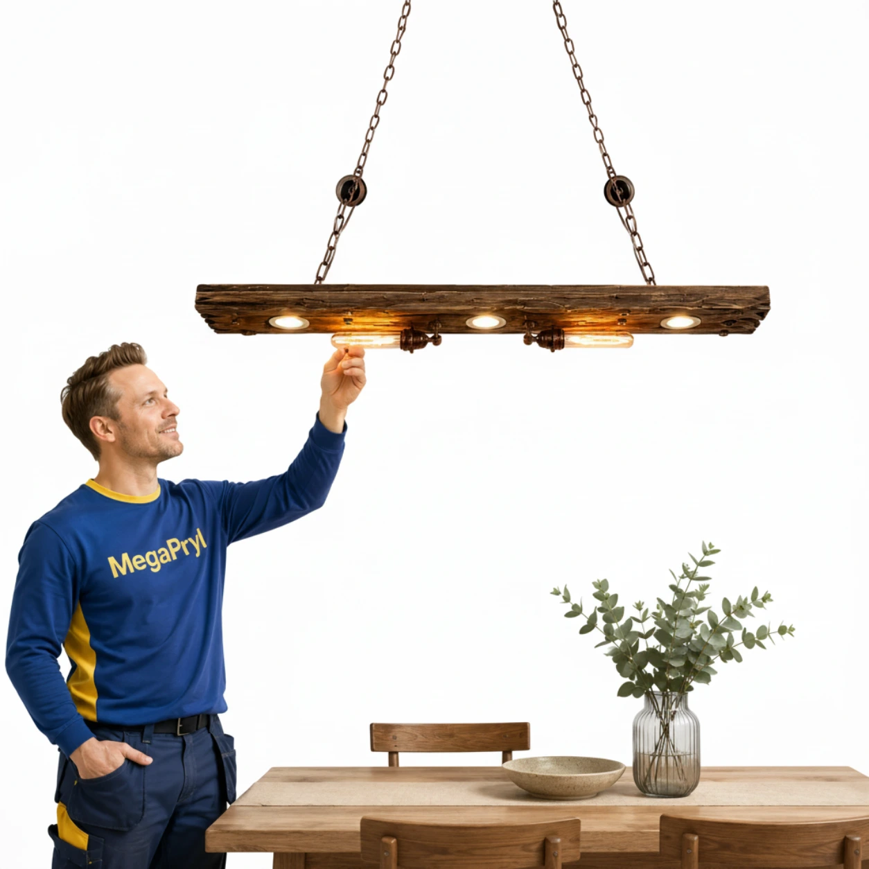 Rustik taklampa i trä för matbord med justerbar höjd