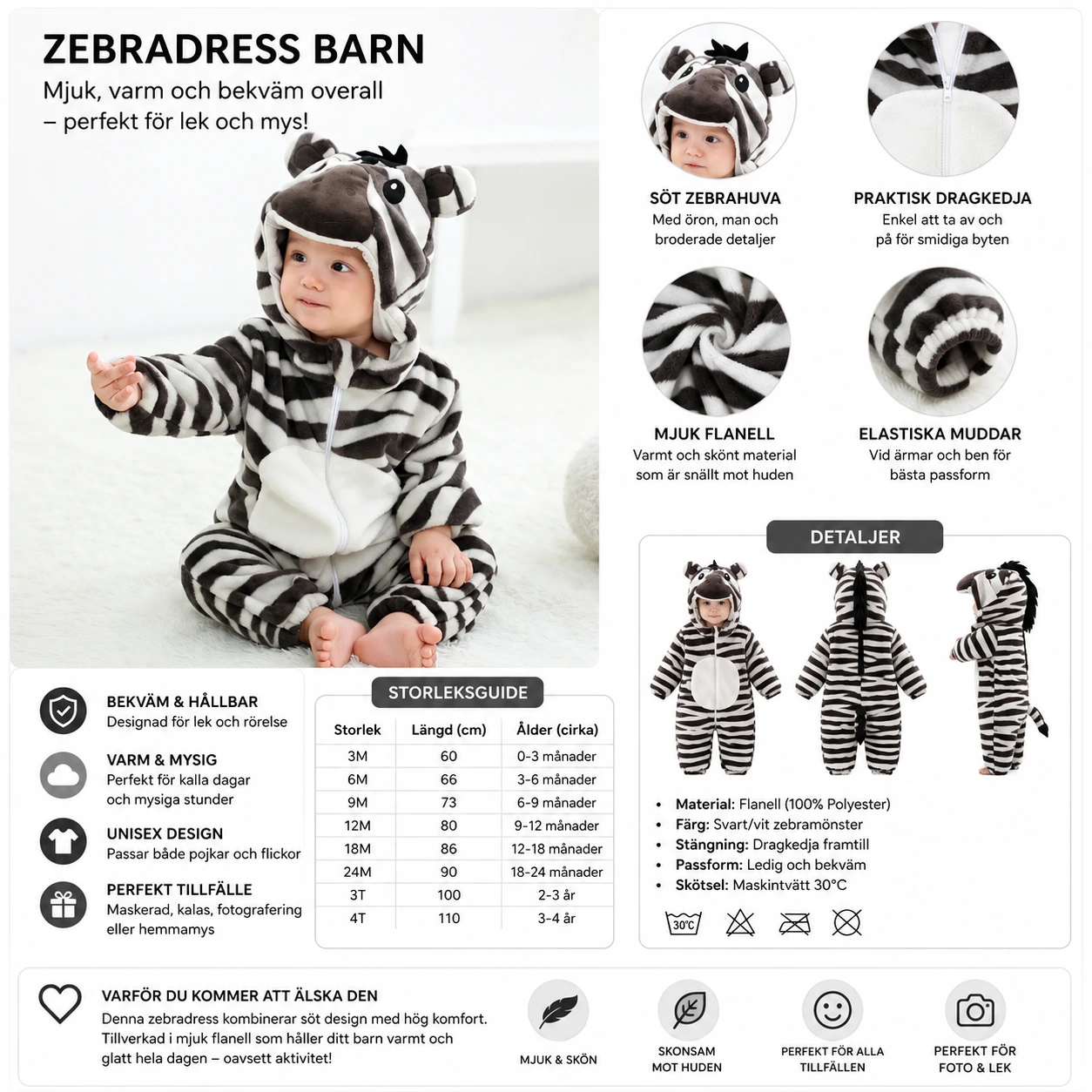 Zebradress Barn – Mjuk Flanelloverall med Huva