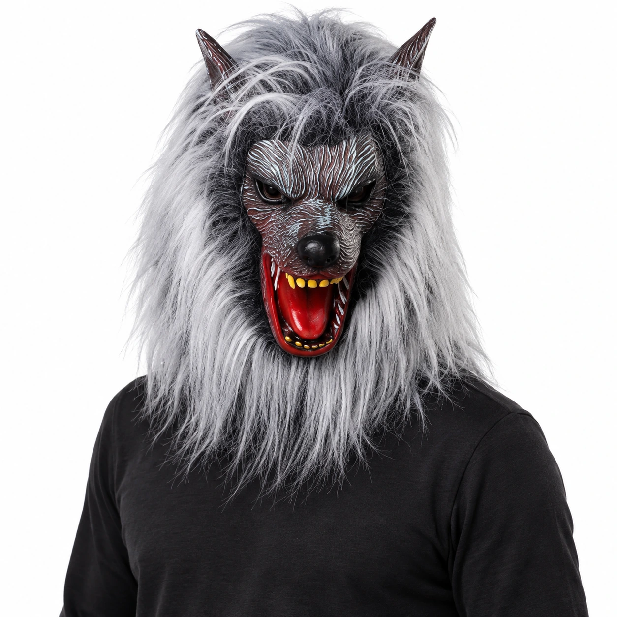 Mask varghuvud i latex med långt grått hår
