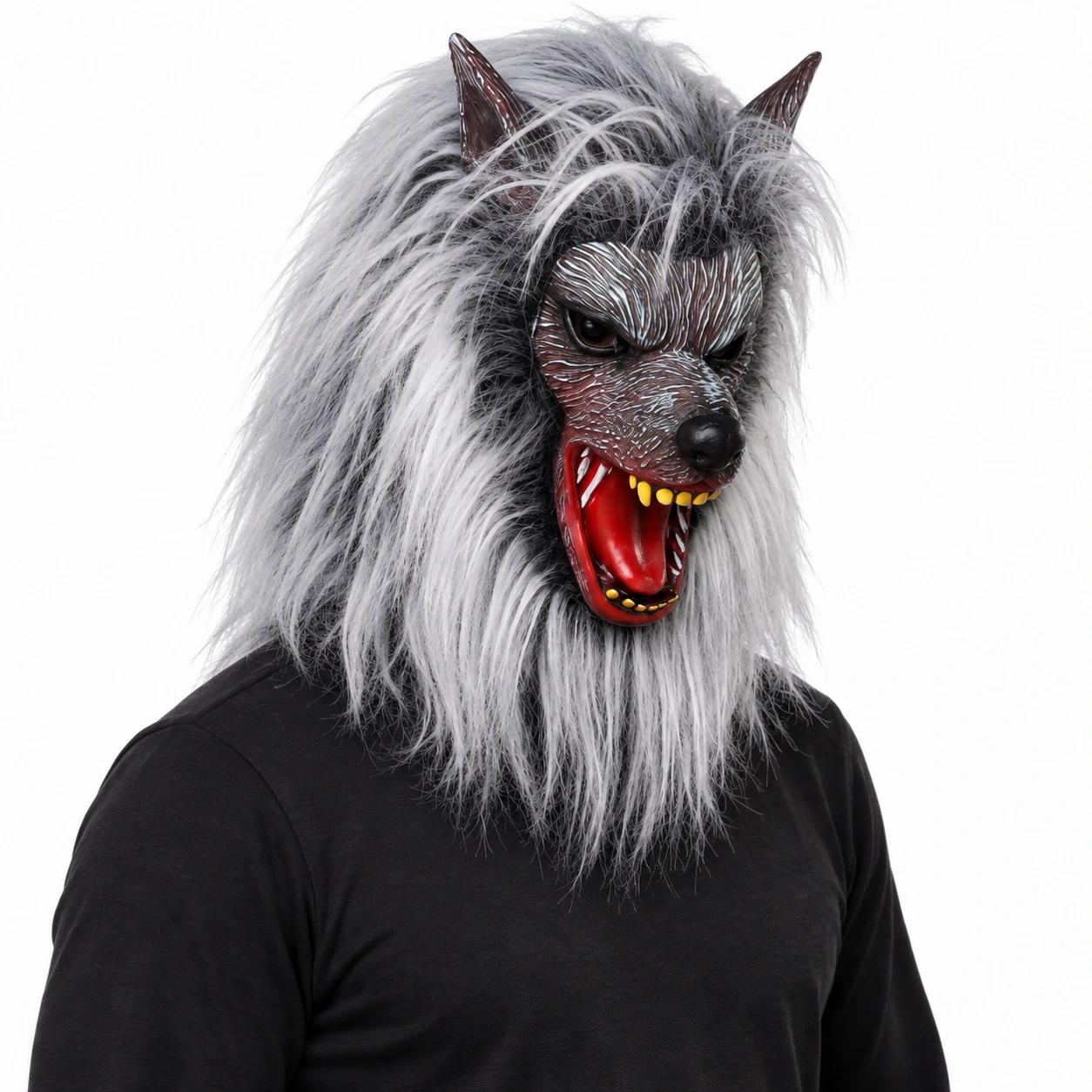 Mask varghuvud i latex med långt grått hår