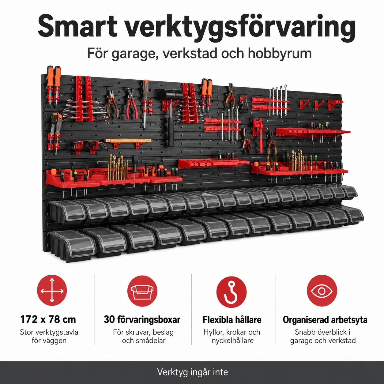 Verktygstavla för vägg 172 x 78 cm med 30 förvaringsboxar