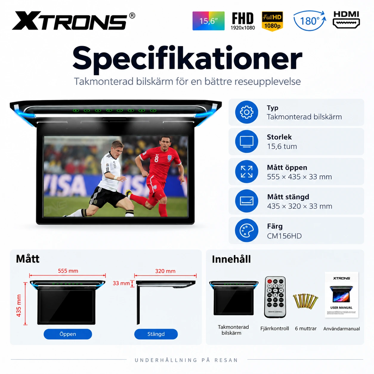Takmonterad bilskärm 15,6 tum med HDMI och 1080p