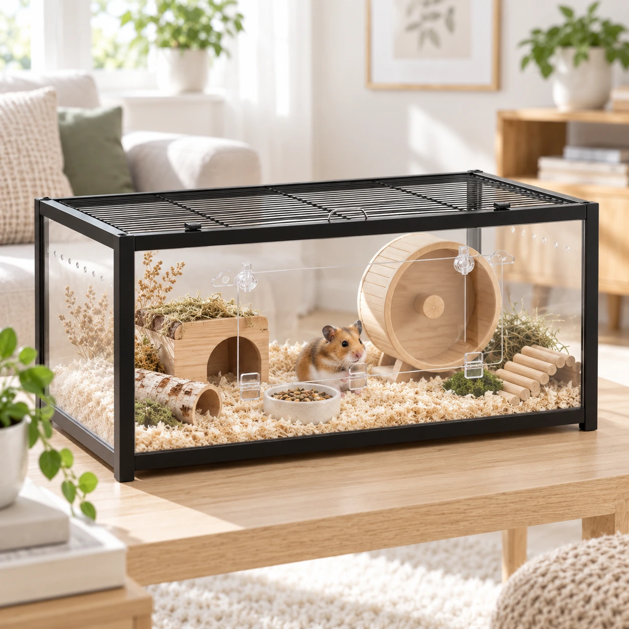 Hamsterbur med panoramavy och frontdörr
