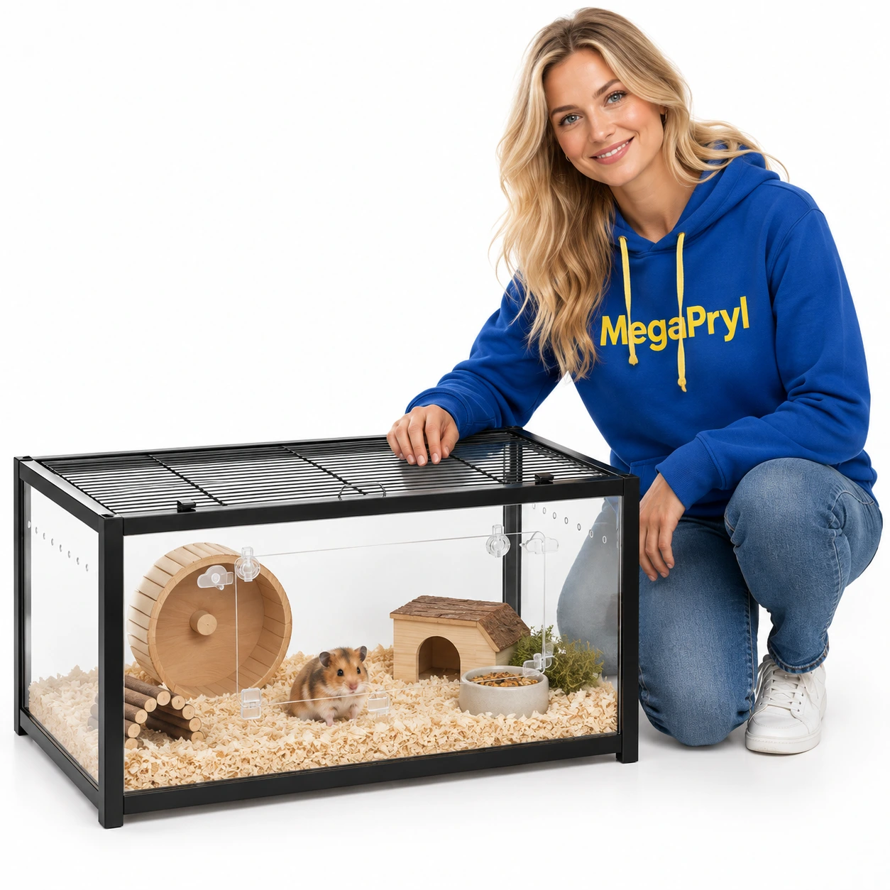 Hamsterbur med panoramavy och frontdörr