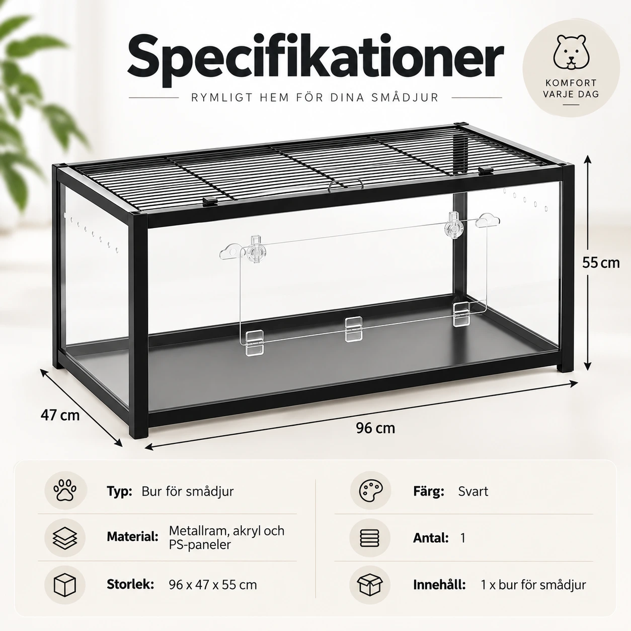 Hamsterbur med panoramavy och frontdörr