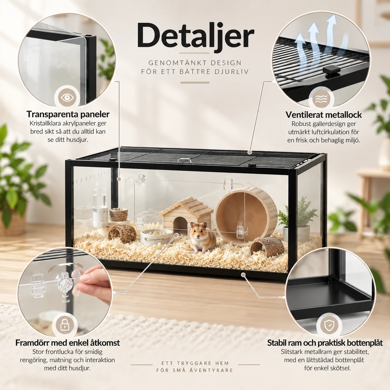 Hamsterbur med panoramavy och frontdörr