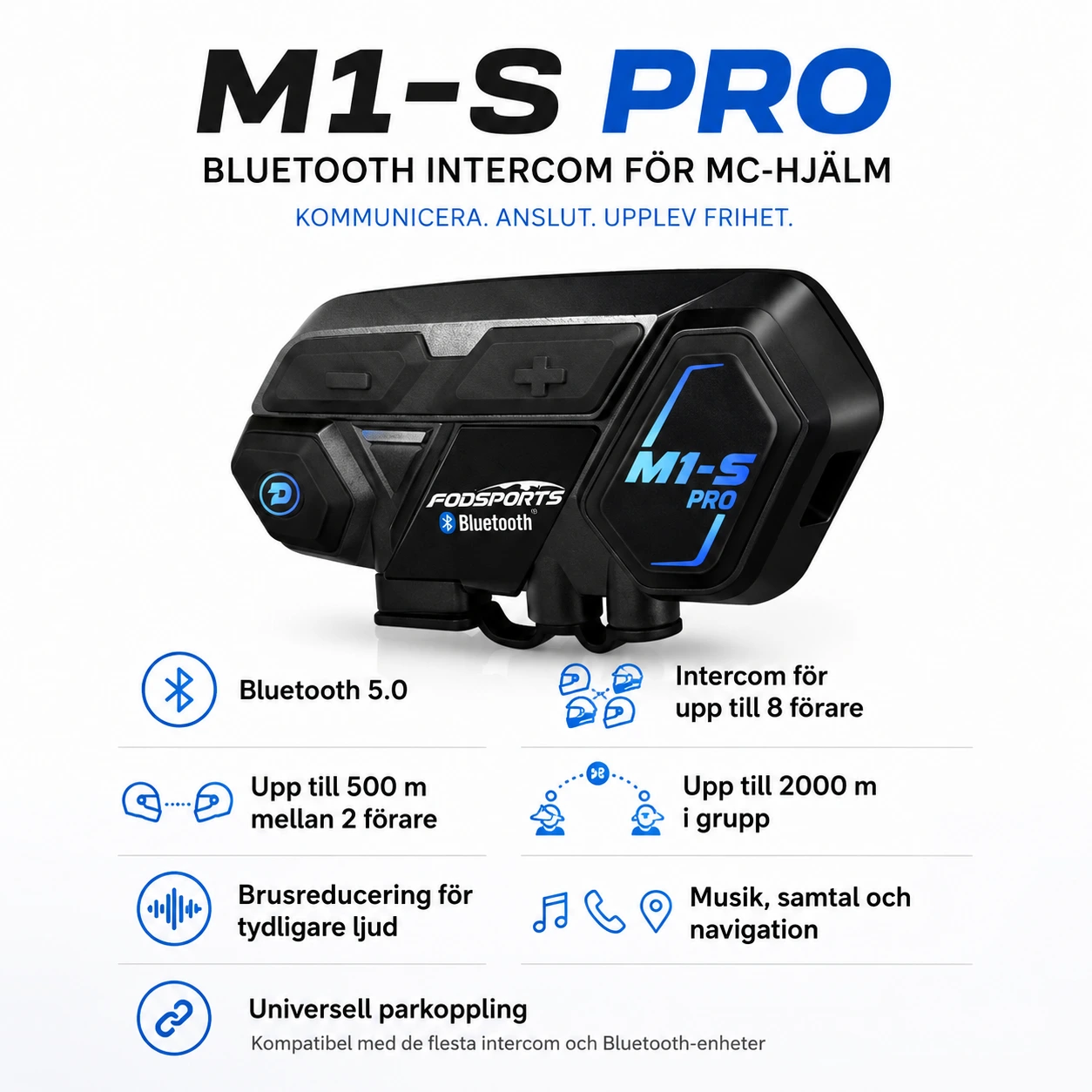 Bluetooth intercom för motorcykelhjälm med BT 5.0