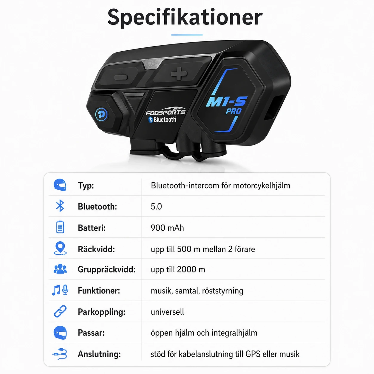 Bluetooth intercom för motorcykelhjälm med BT 5.0