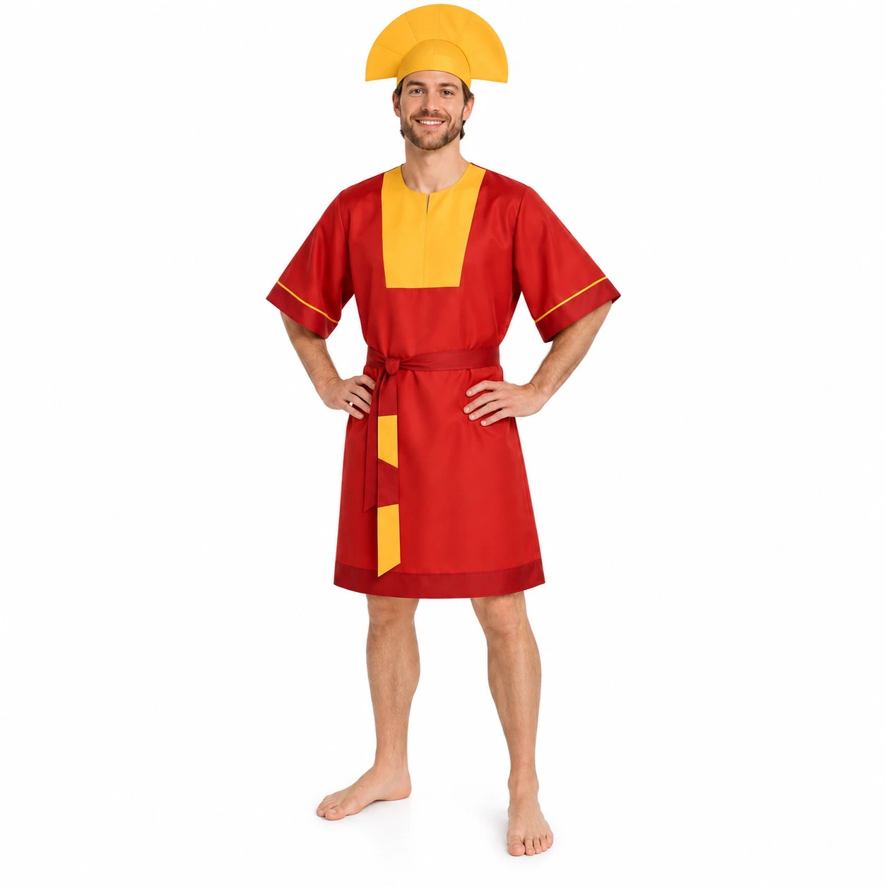 Punainen tunika keltaisilla hihoilla, hatulla ja vyöllä