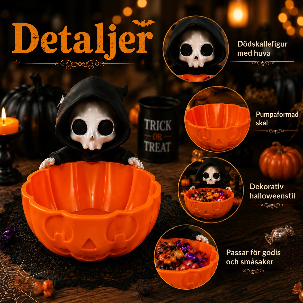 Godisskål med dödskalle för halloween