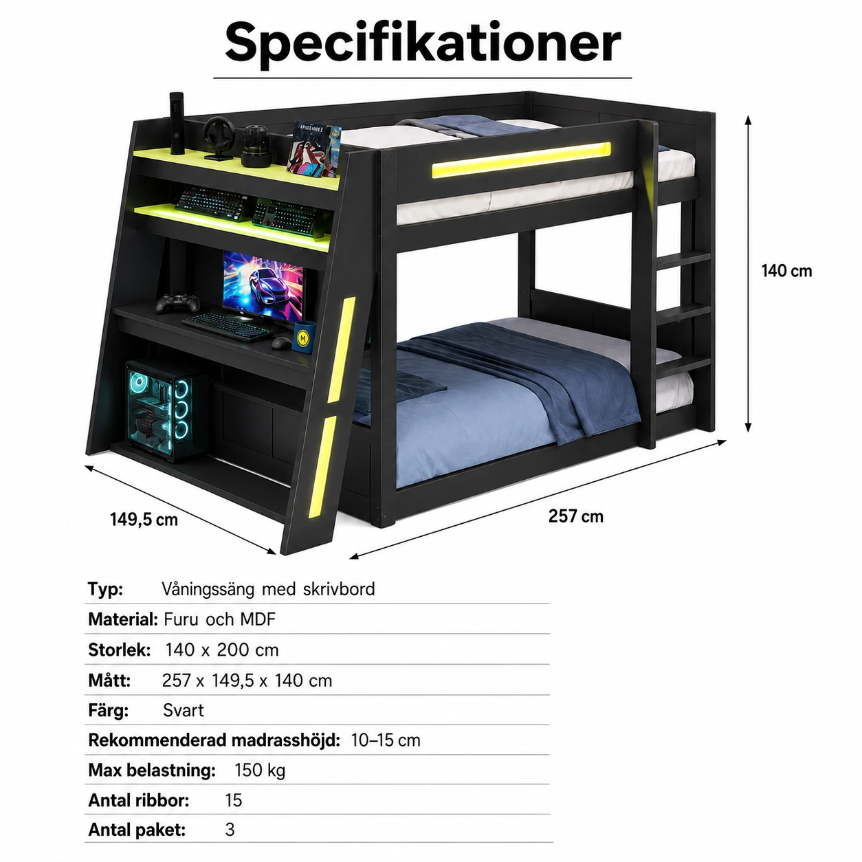 Våningssäng med skrivbord och LED-belysning