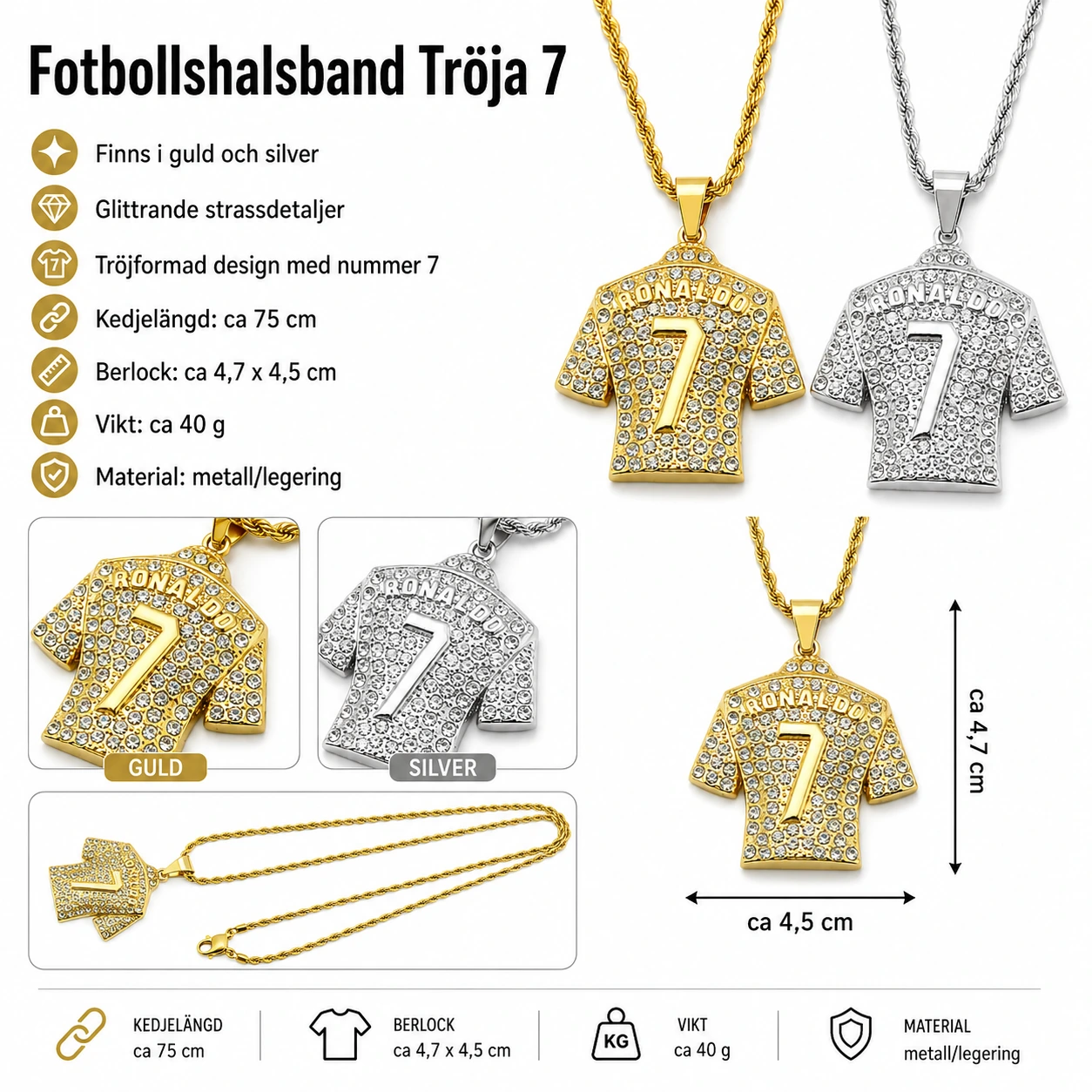 Fotbollshalsband Tröja 7 – Strass & Kedja