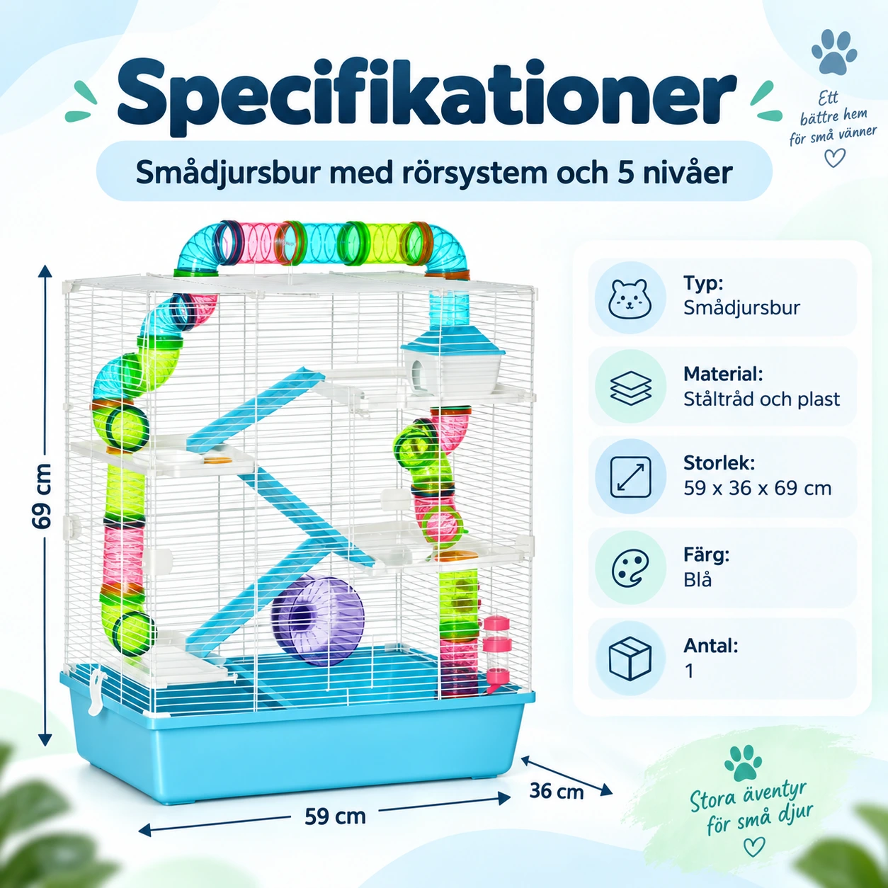 Smådjursbur med rörsystem och 5 nivåer