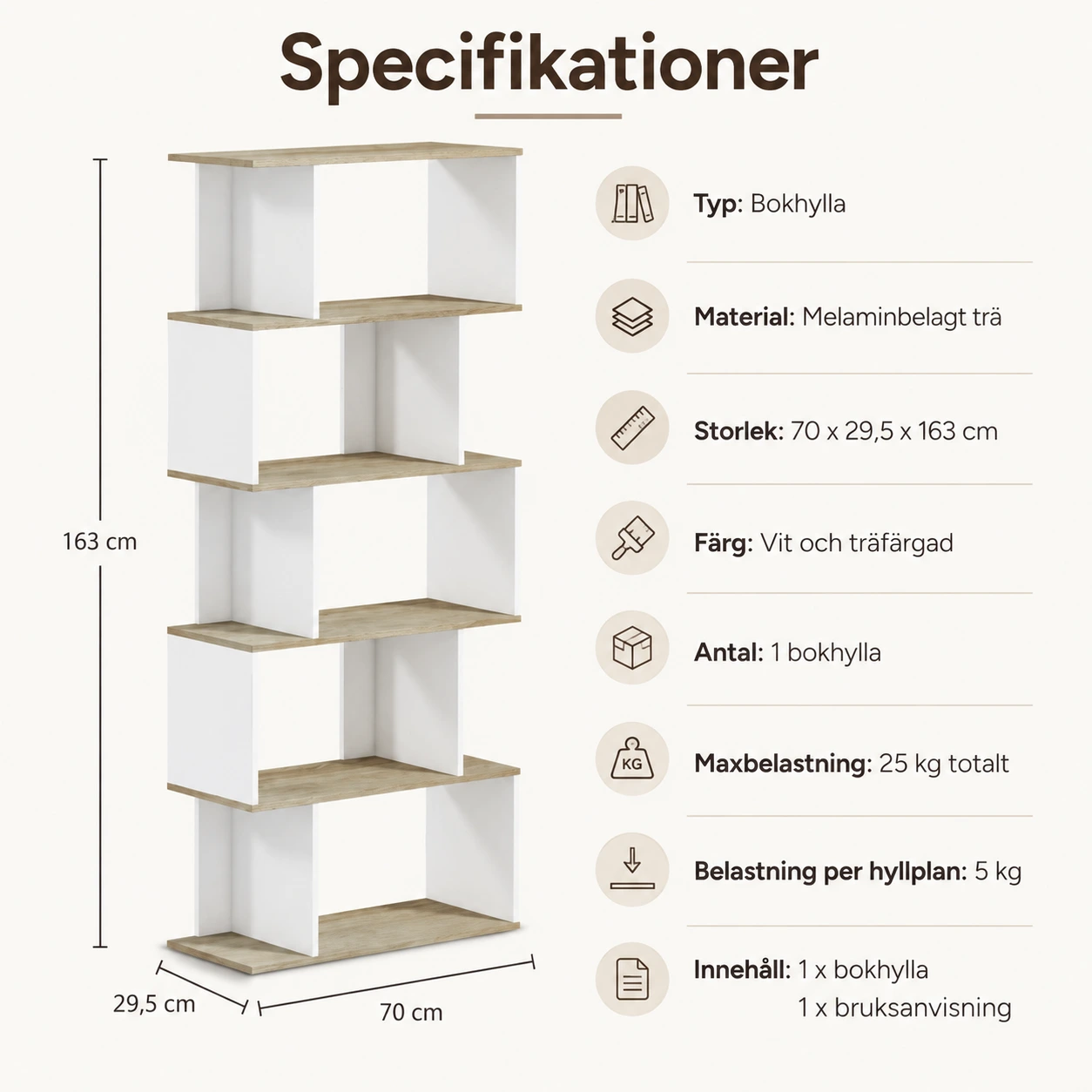 Bokhylla med 10 öppna fack och tippskydd 70 x 29,5 x 163 cm