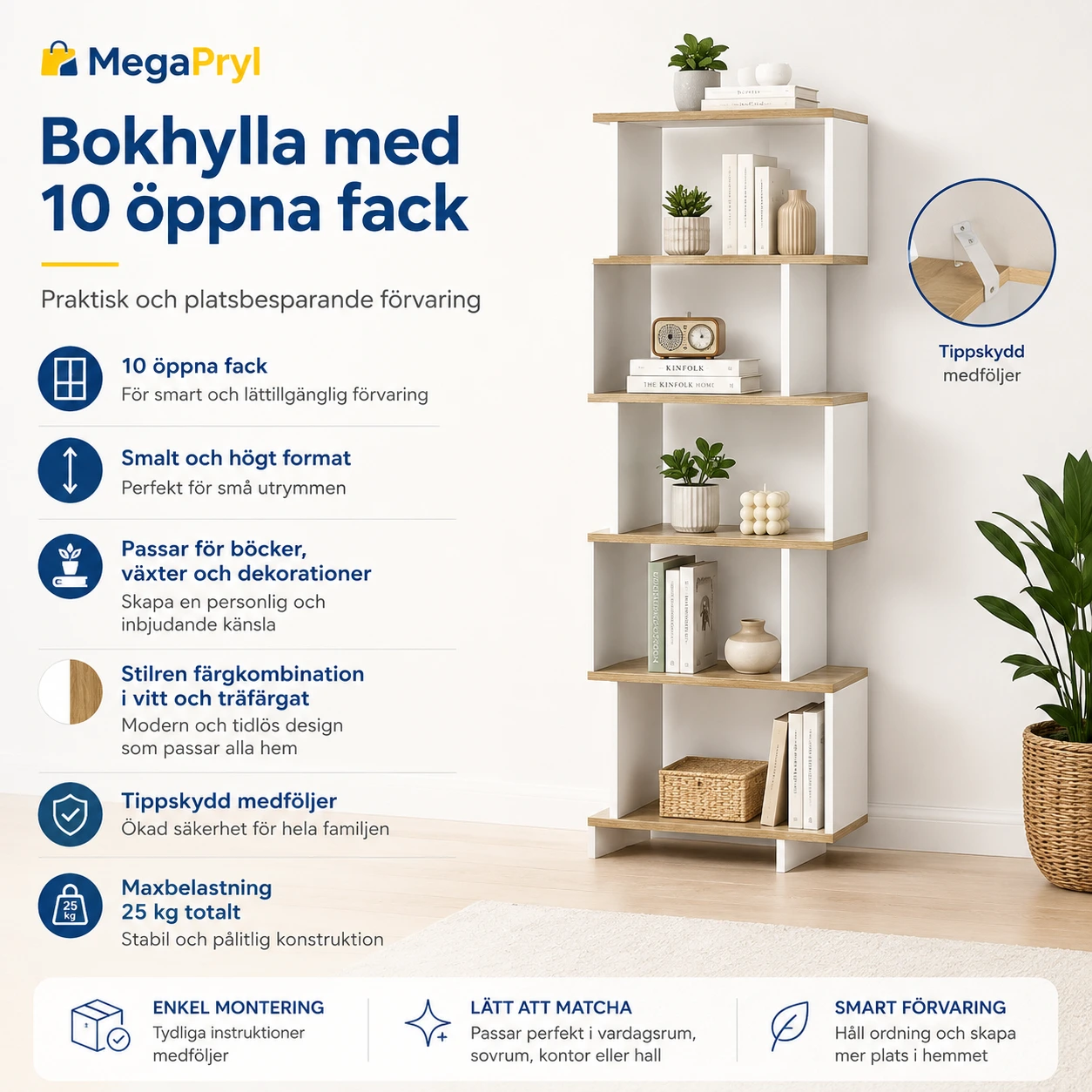 Bokhylla med 10 öppna fack och tippskydd 70 x 29,5 x 163 cm