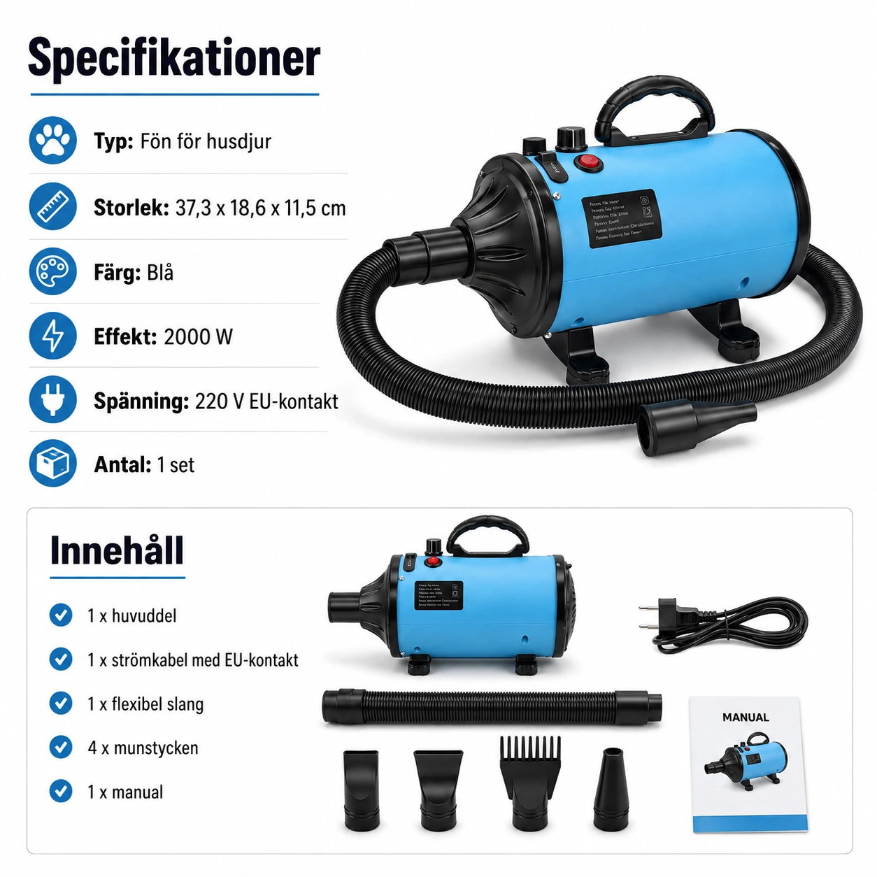Hundfön för pälsvård med 4 munstycken och flexibel slang