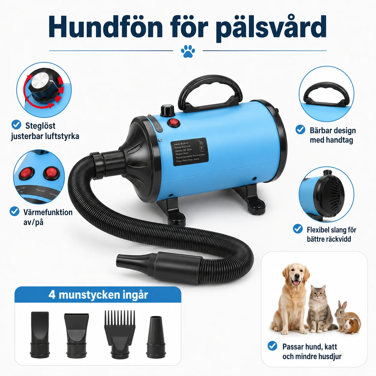 Hundfön för pälsvård med 4 munstycken och flexibel slang