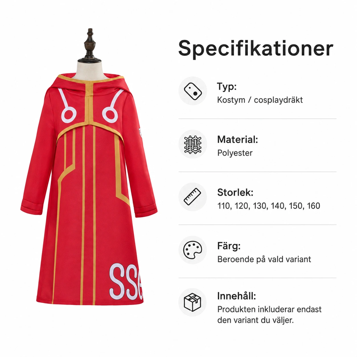 Cosplaydräkt med huva för halloween och maskerad
