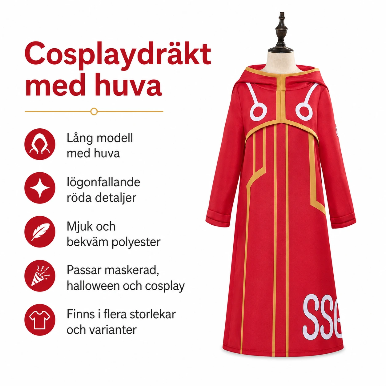 Cosplaydräkt med huva för halloween och maskerad