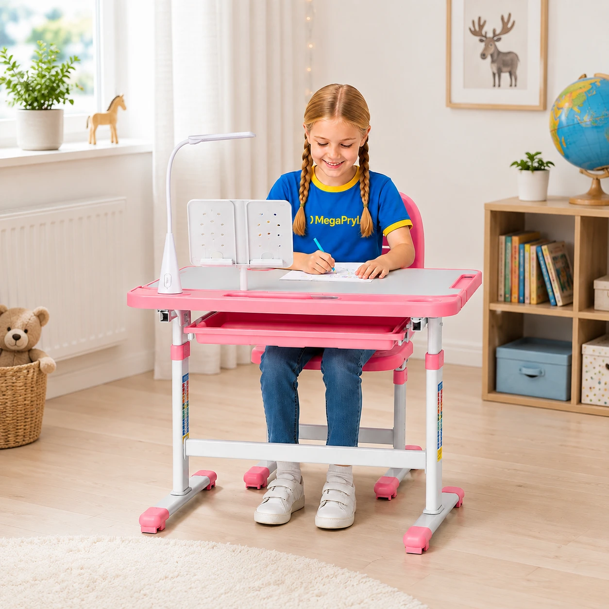 Justerbart barnskrivbord med stol och lampa