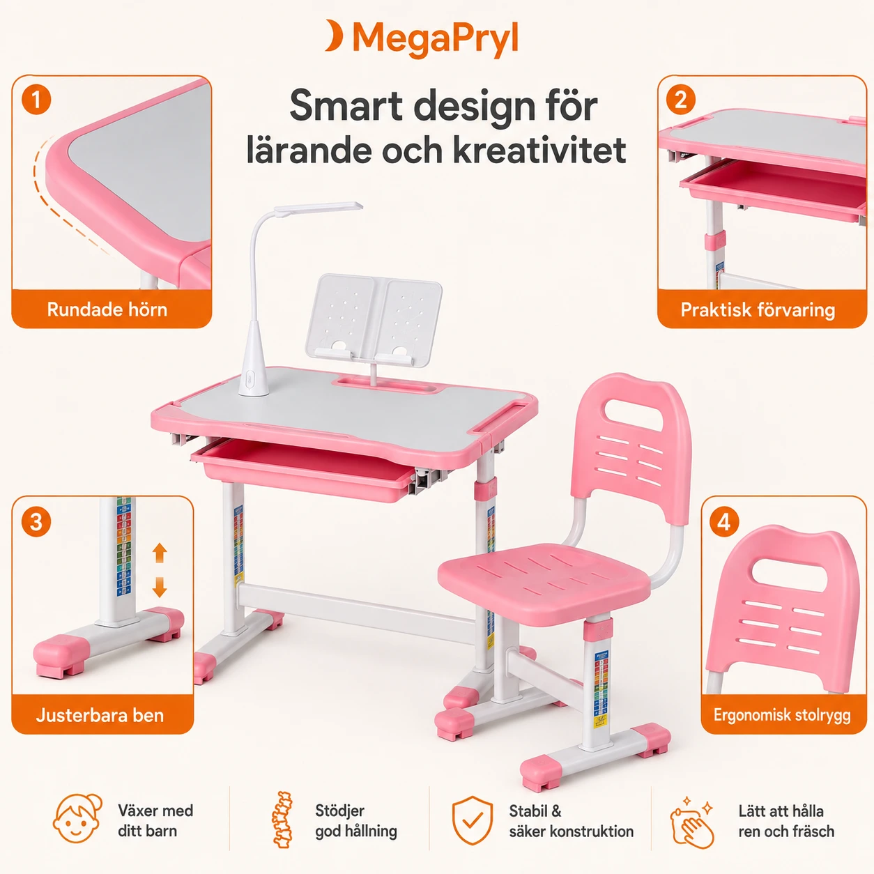 Justerbart barnskrivbord med stol och lampa