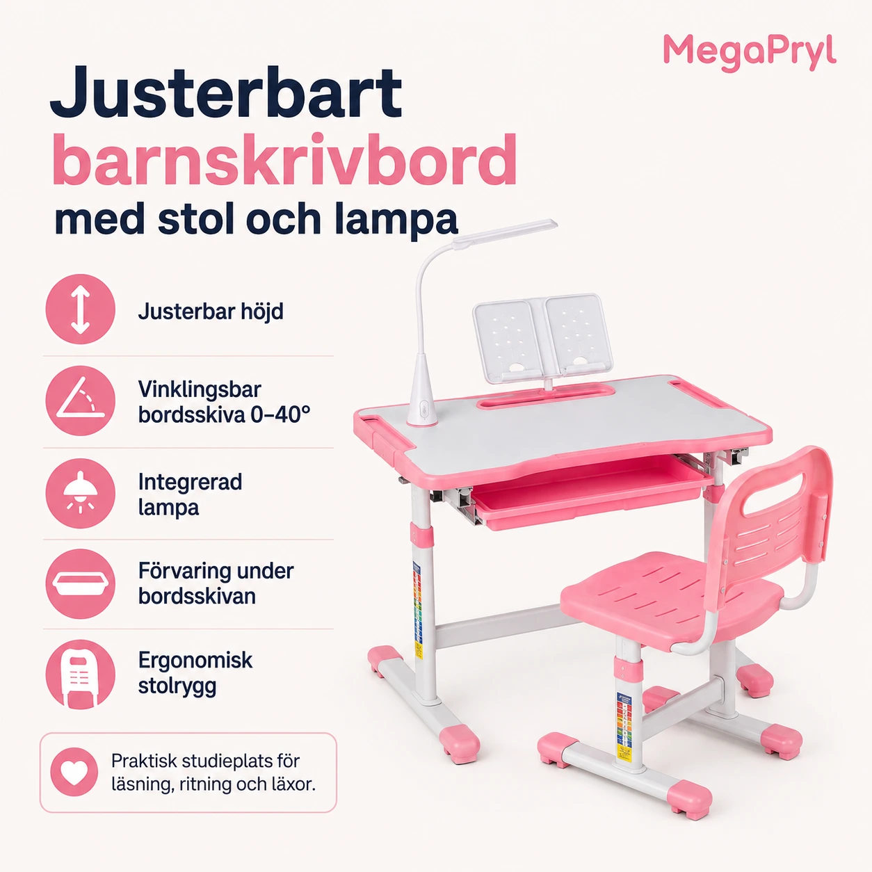 Justerbart barnskrivbord med stol och lampa