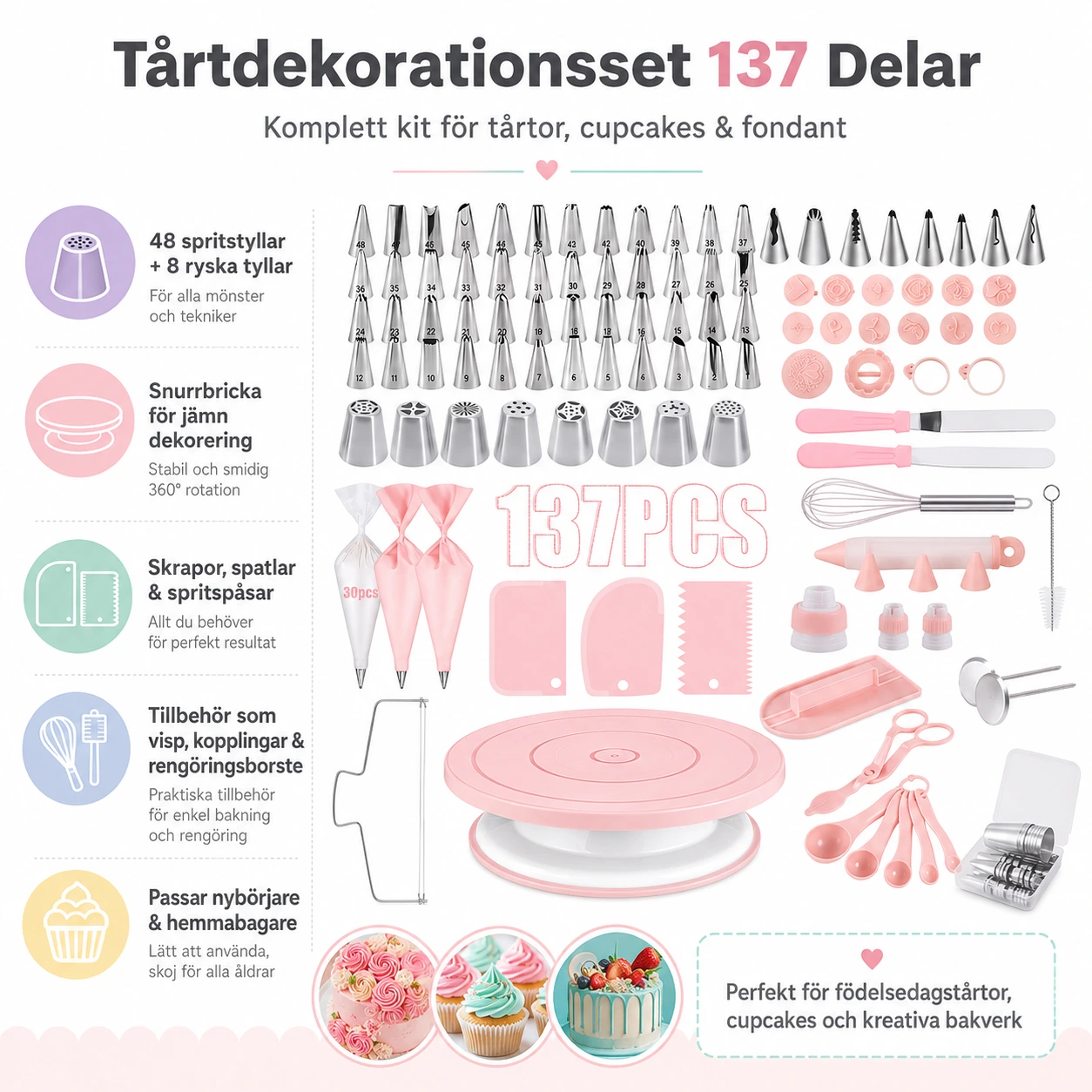 Tårtdekorationsset 137 Delar – Spritsar & Snurrbricka