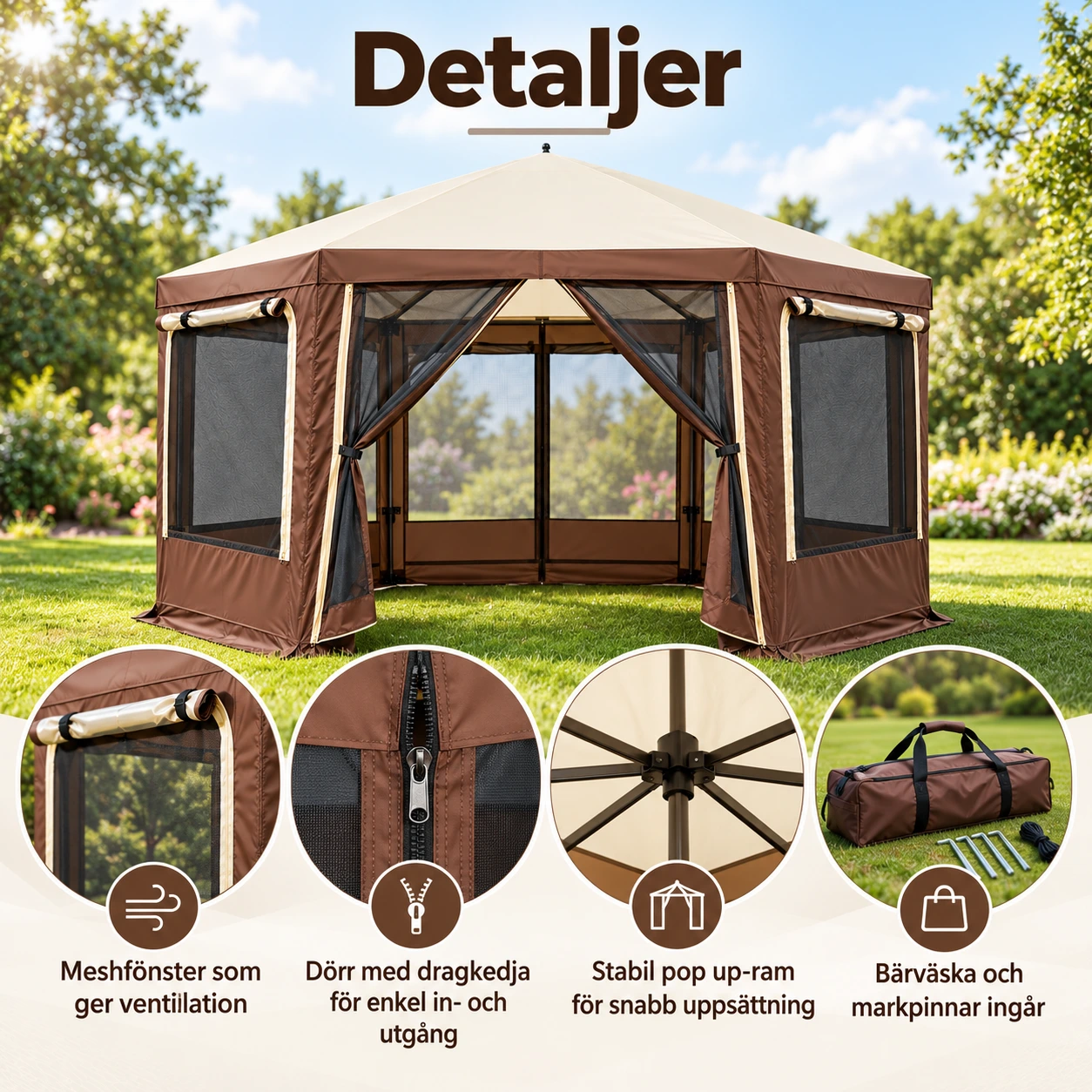 Pop up-paviljong för camping och trädgård, 3,6 x 3,6 m