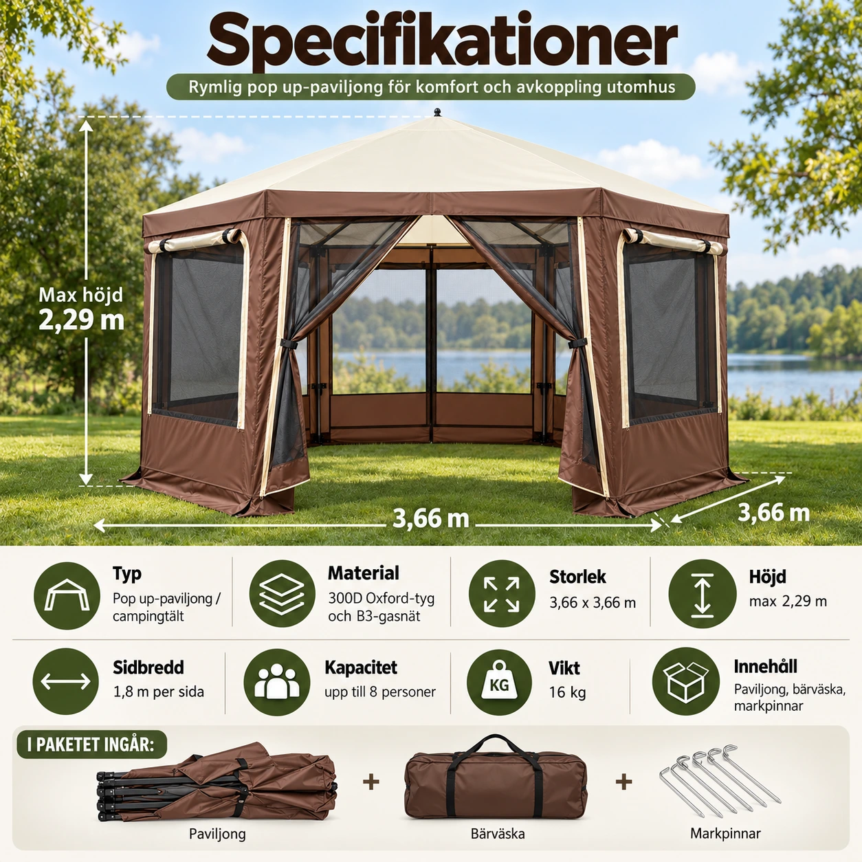 Pop up-paviljong för camping och trädgård, 3,6 x 3,6 m