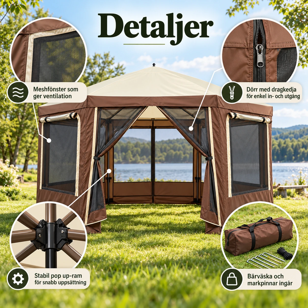 Pop up-paviljong för camping och trädgård, 3,6 x 3,6 m