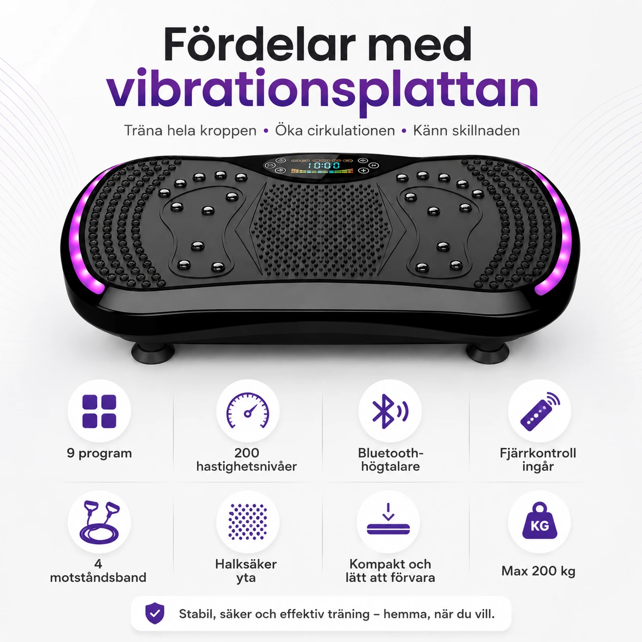 Vibrationsplatta för hemmaträning med Bluetooth och fjärrkontroll