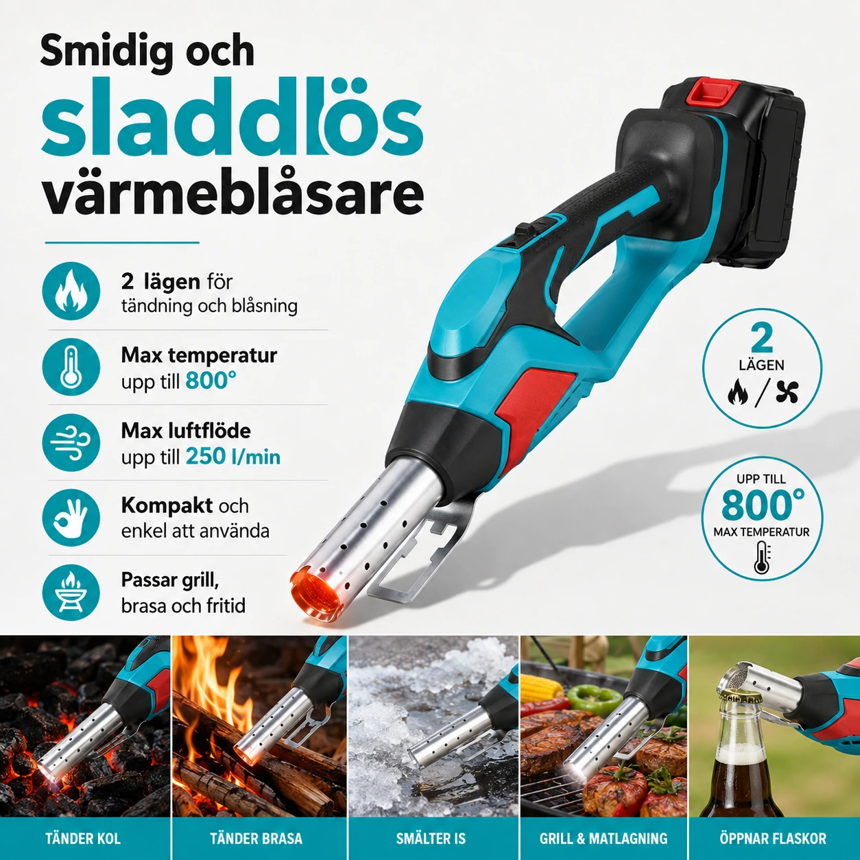 Varmluftsblåsare batteridriven med 2 lägen