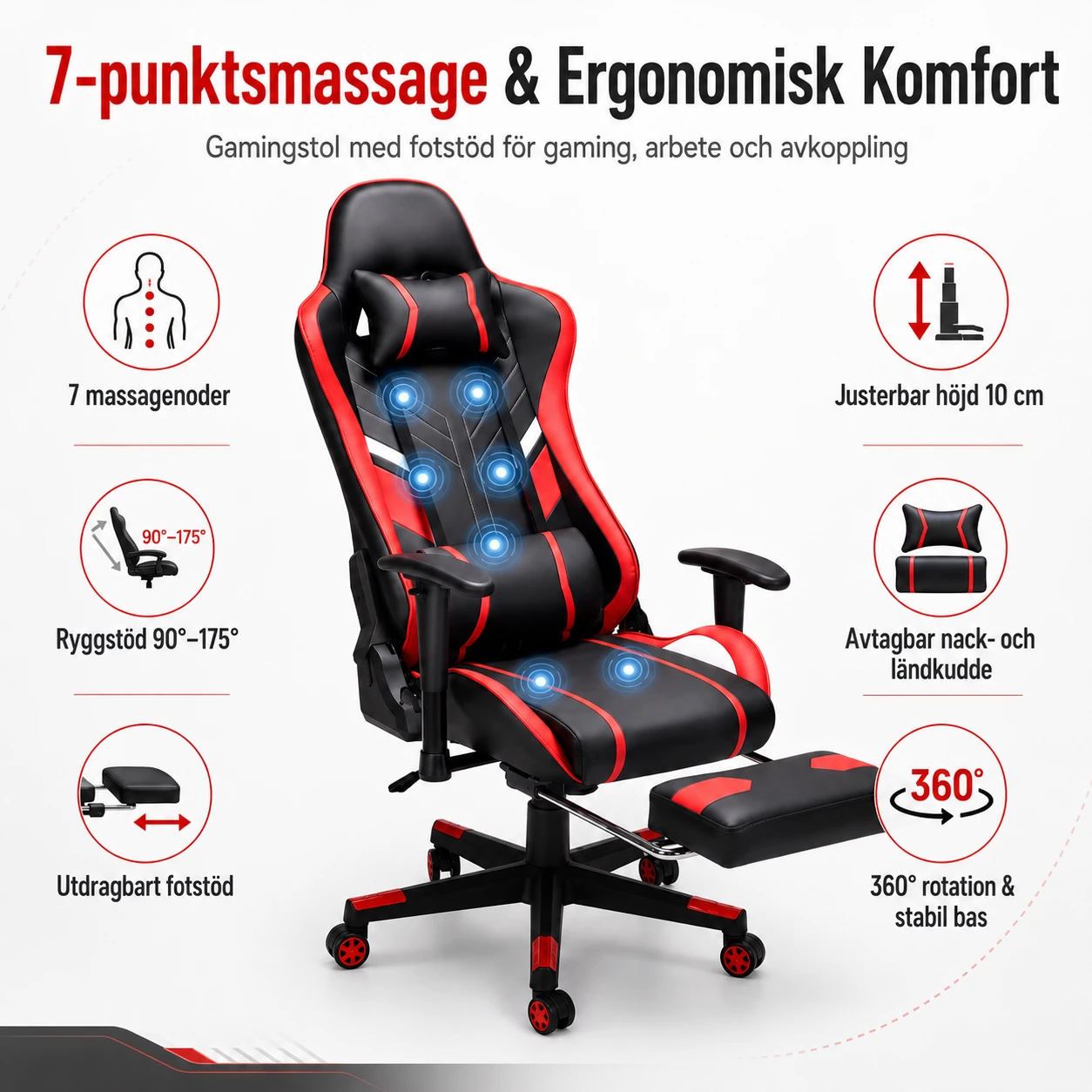 Gamingstol med 7-punktsmassage och Fotstöd