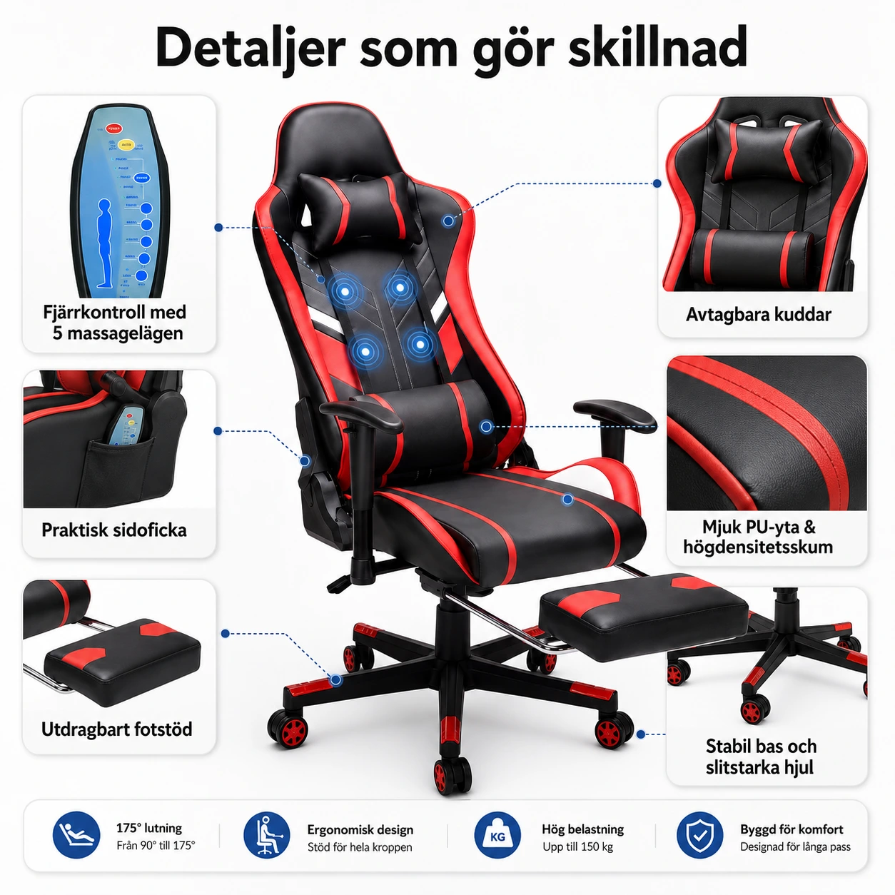 Gamingstol med 7-punktsmassage och Fotstöd