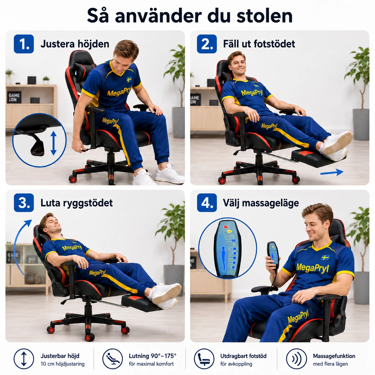 Gamingstol med 7-punktsmassage och Fotstöd