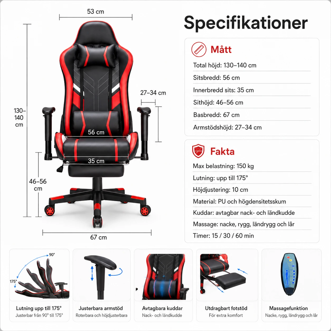 Gamingstol med 7-punktsmassage och Fotstöd