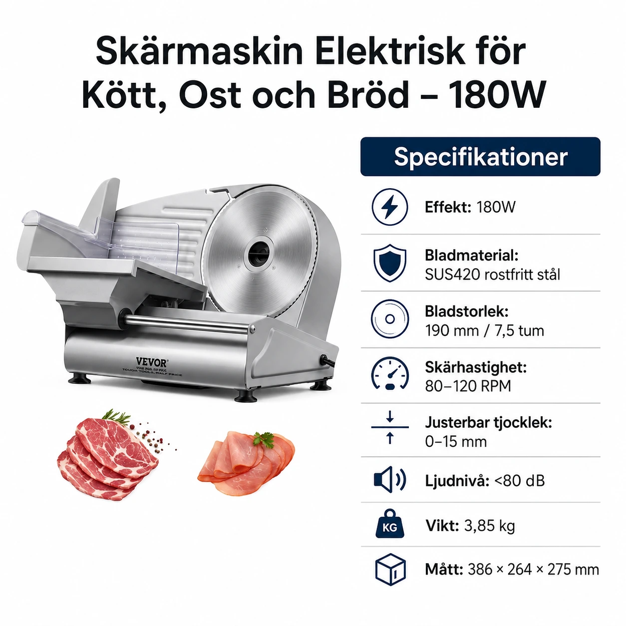 Skärmaskin Elektrisk för Kött, Ost och Bröd – 180W