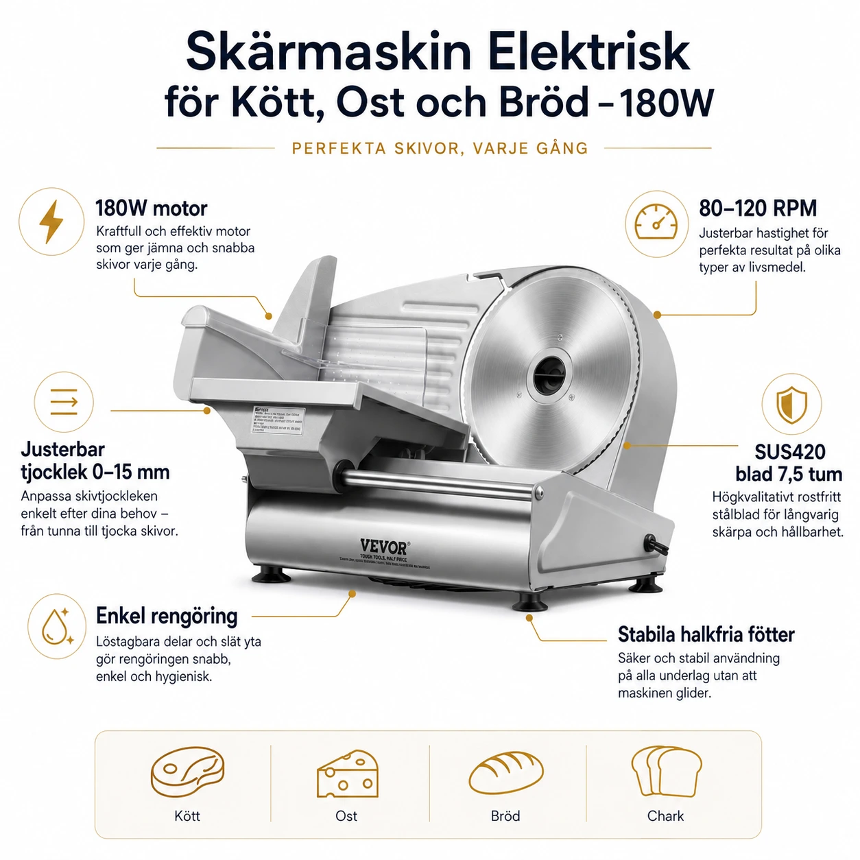 Skärmaskin Elektrisk för Kött, Ost och Bröd – 180W