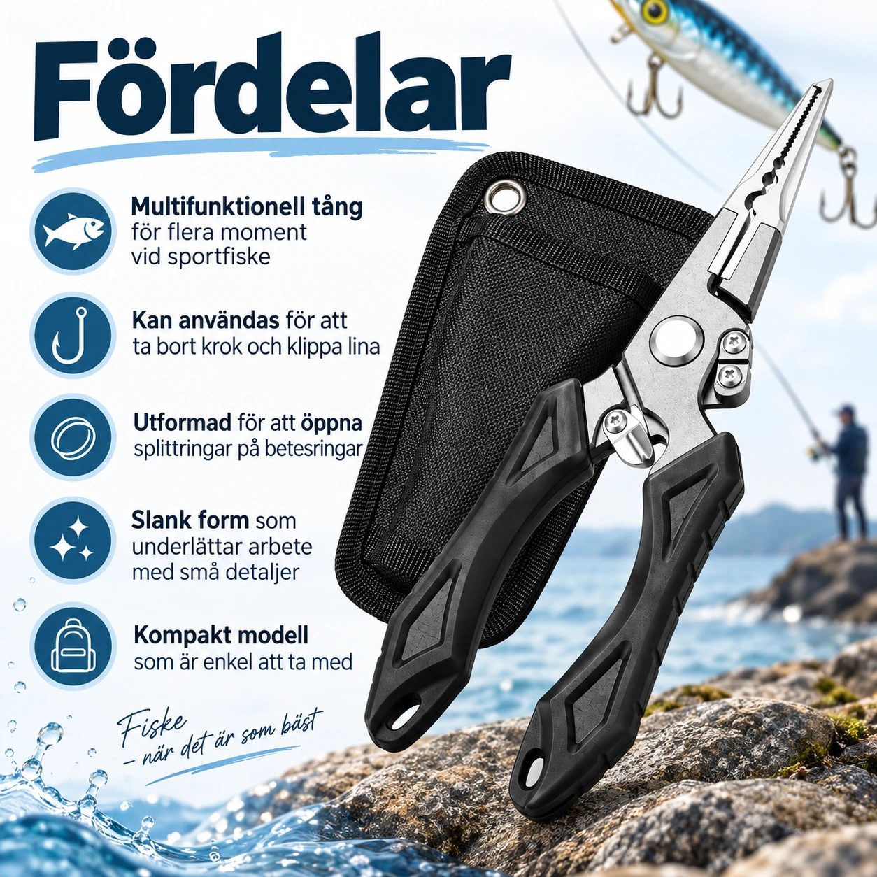 Multifunktionell fisketång i aluminium med fodral