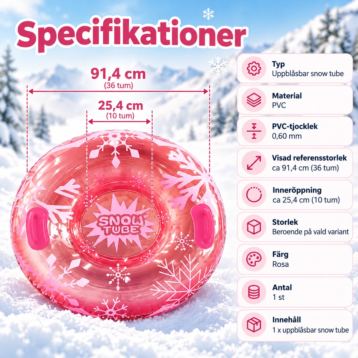 Uppblåsbar snow tube i PVC med handtag